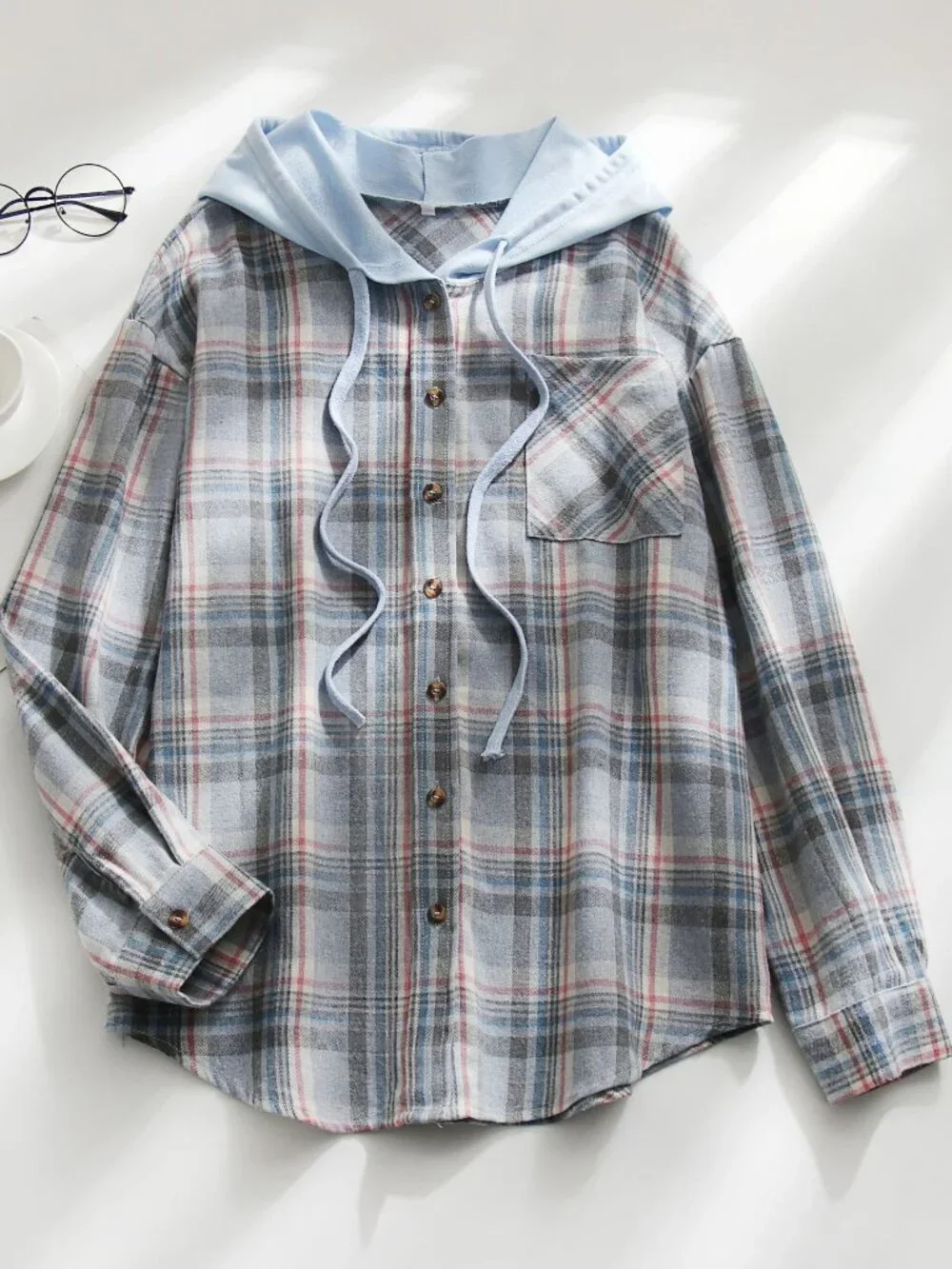 Women's Sky Blue Plaid Hooded Pullover Shirt Casual Long Sleeve Top